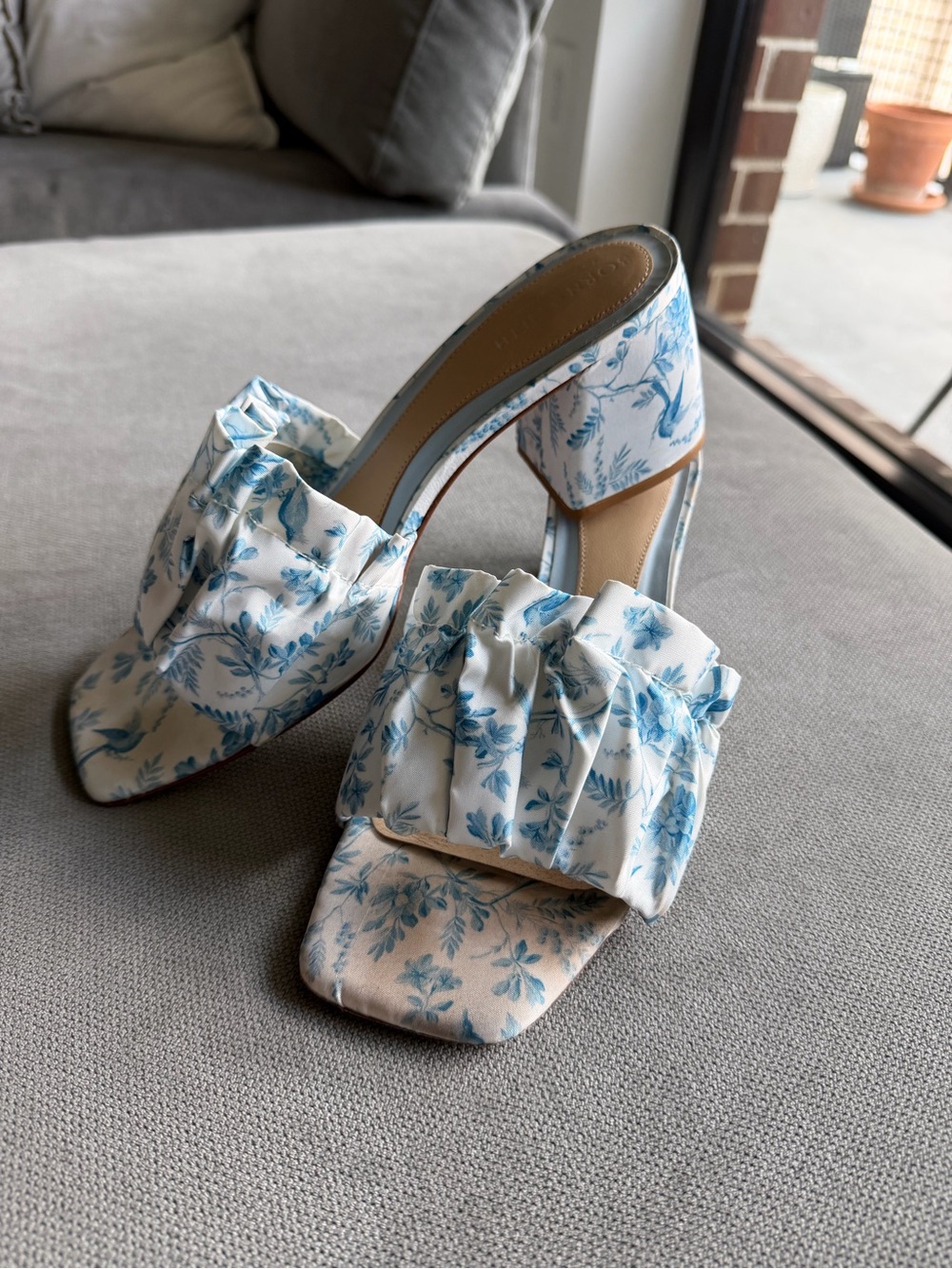 ANTONIO MELANI White and Light Blue Floral Ruffle Block Heels